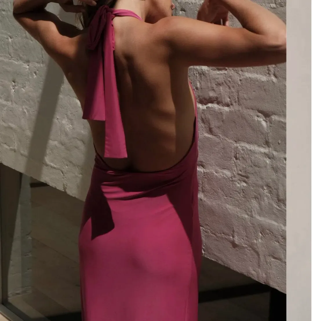 With Harper Lu V-Neck Halter Maxi Dress Fuchsia Size XS / AU 6 for rent on The Volte - main image