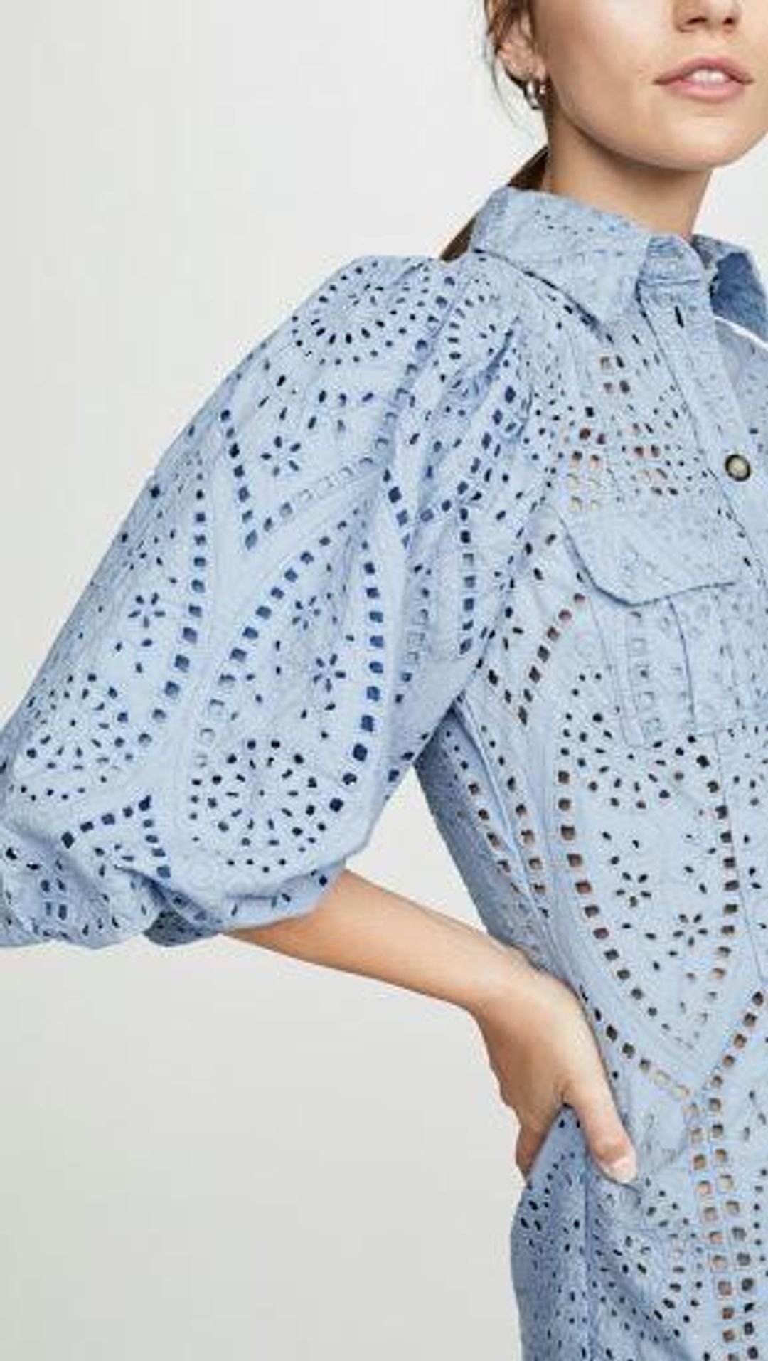 Ganni Balloon-sleeve broderie anglaise mini shirt dress for rent on The Volte - main image