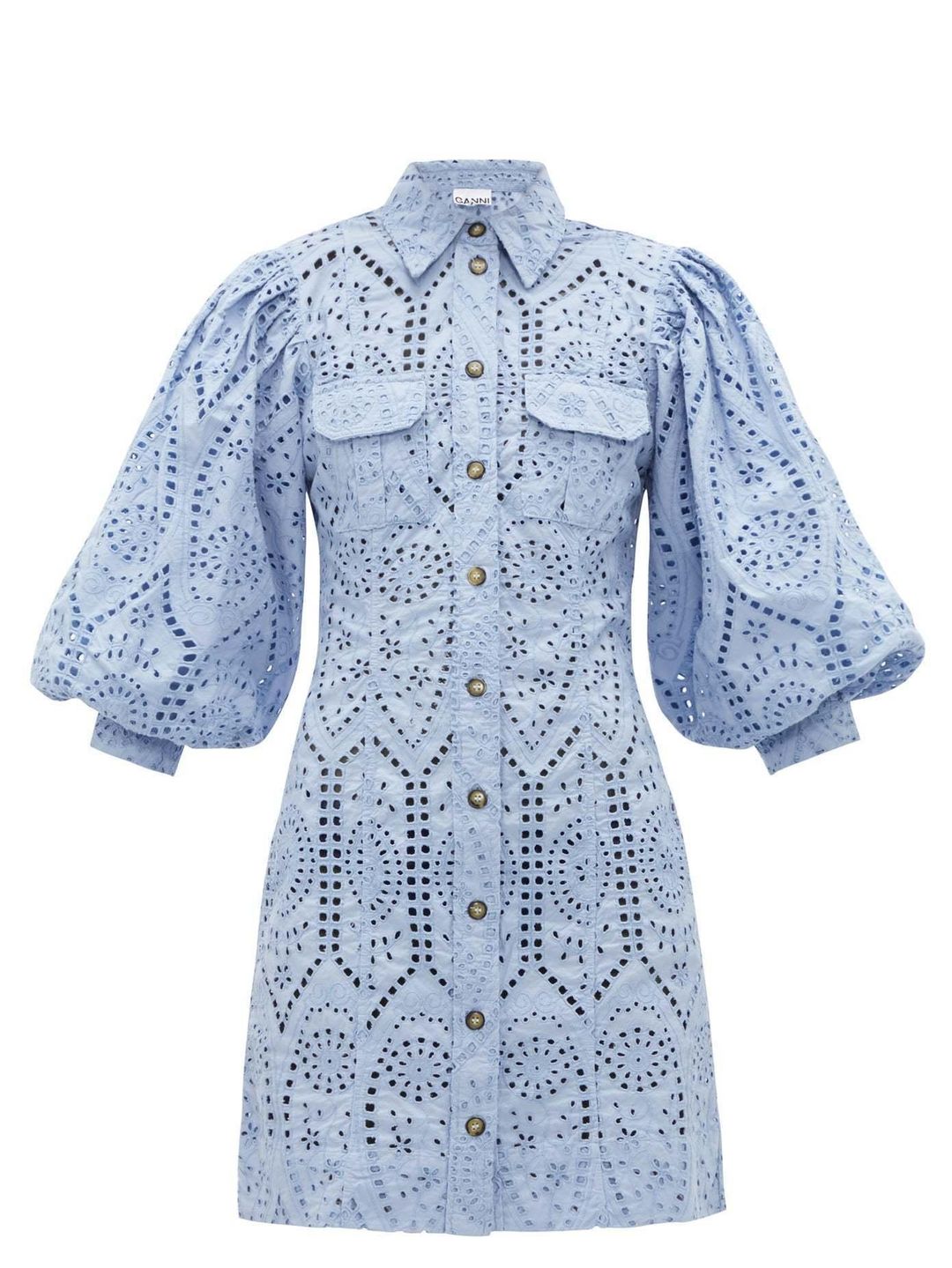Ganni Balloon-sleeve broderie anglaise mini shirt dress for rent on The Volte - main image