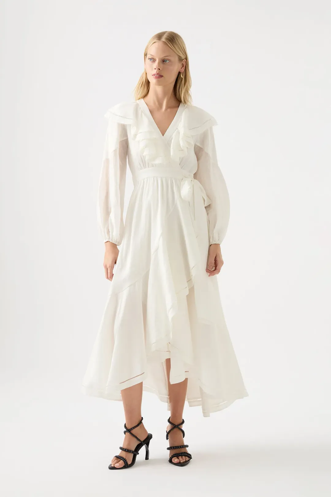 Aje Zoe Ruffle Wrap Midi Dress in Ivory Size 8 for rent on The Volte - main image