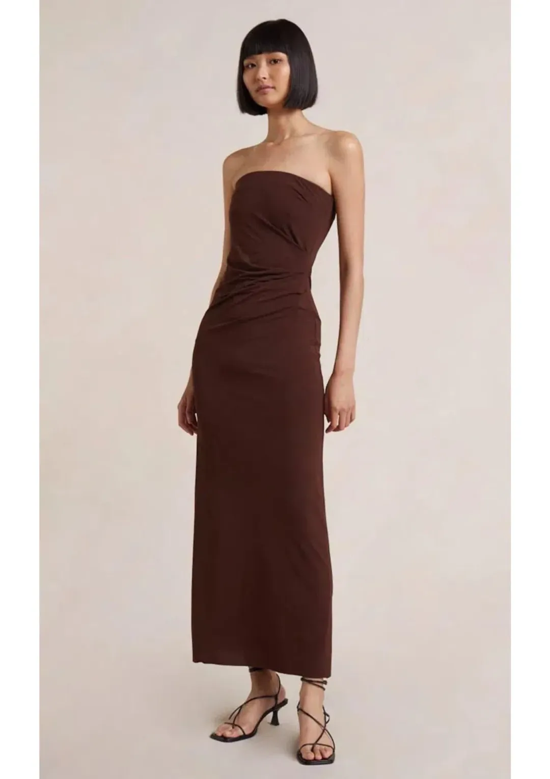 Bec & Bridge Myla Strapless Midi Dress in Chocolate Brown Size 8 for rent on The Volte - main image