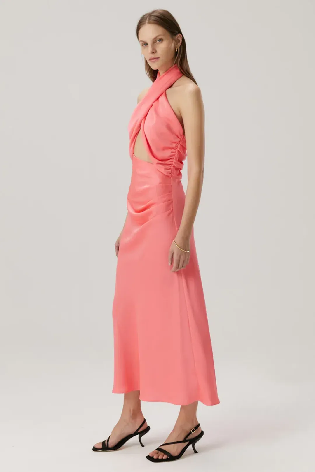 MISHA Linnea Satin Midi Dress Watermelon Pink Size 8/S for rent on The Volte - main image