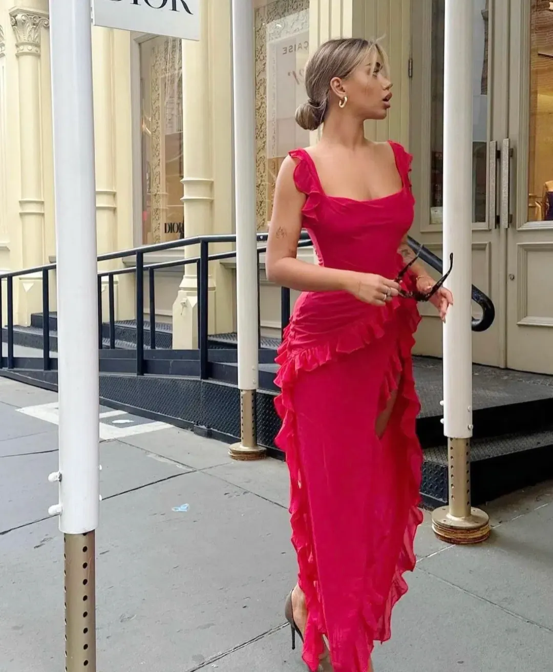 House of CB Ariela Ruffle Maxi Dress Cherry Red Size S / AU 8 for rent on The Volte - main image