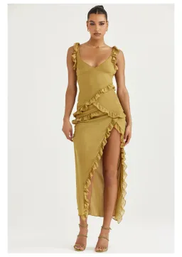House of CB Pixie Ruffle Maxi Dress Olive Size M / AU 10 for rent on The Volte - image 1