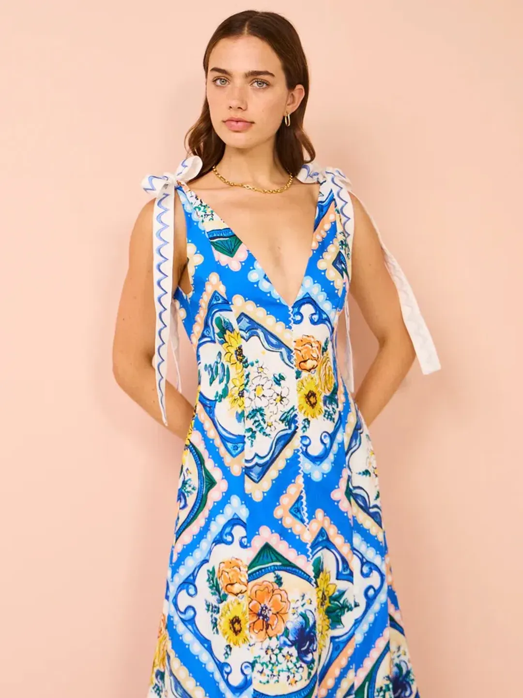 By Nicola Adoncia Tie Shoulder Maxi Dress Azure Floral Size 10 for rent on The Volte - main image