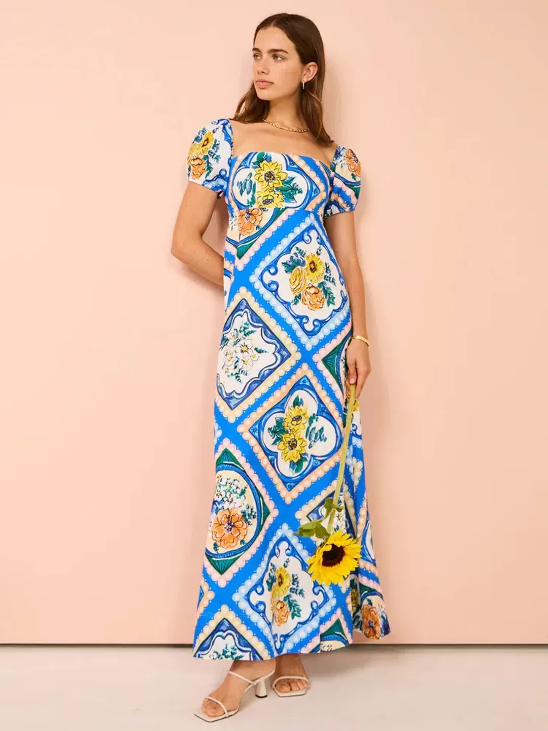 By Nicola Mariposa Puff Sleeve Maxi Dress in Azure Floral Size 8 for rent on The Volte - main image