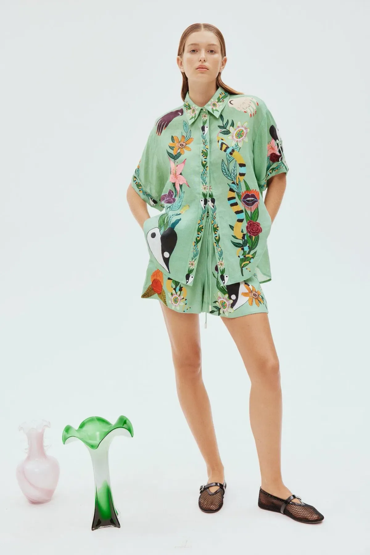 Alemais Meagan Oversized Linen Shirt & Shorts Set Green Size 8 for rent on The Volte - main image