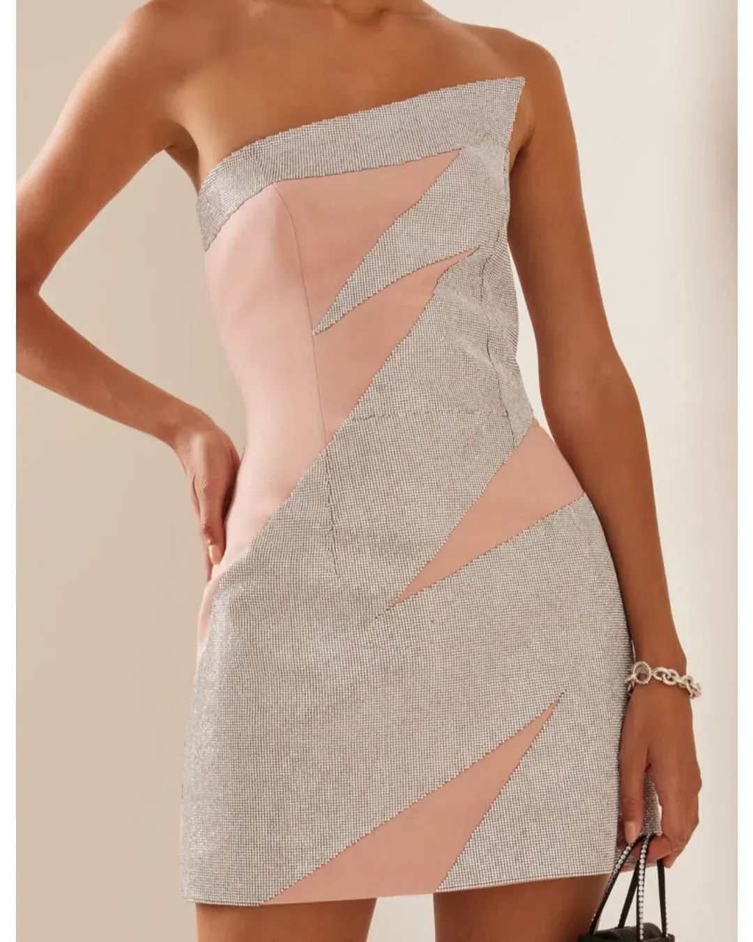 Nué Exclusive Crystal Embellished Jersey Mini Dress Neutral Size 8 for rent on The Volte - main image