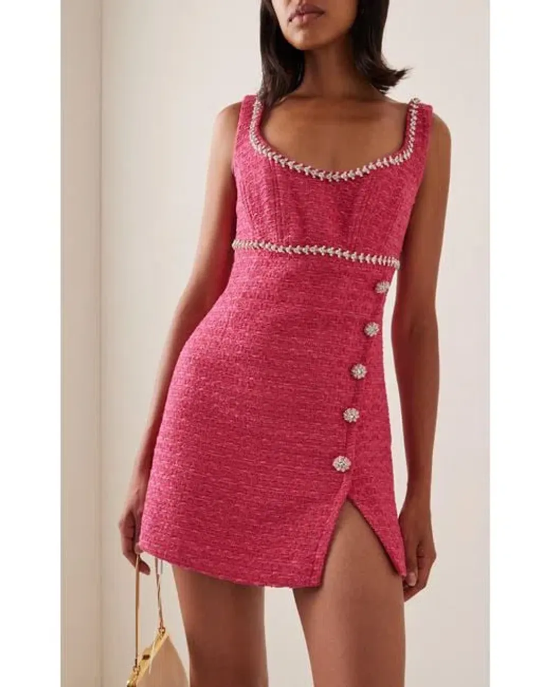 Self Portrait Crystal Embellished Tweed Bouclé Mini Dress Pink Size 8 for rent on The Volte - main image