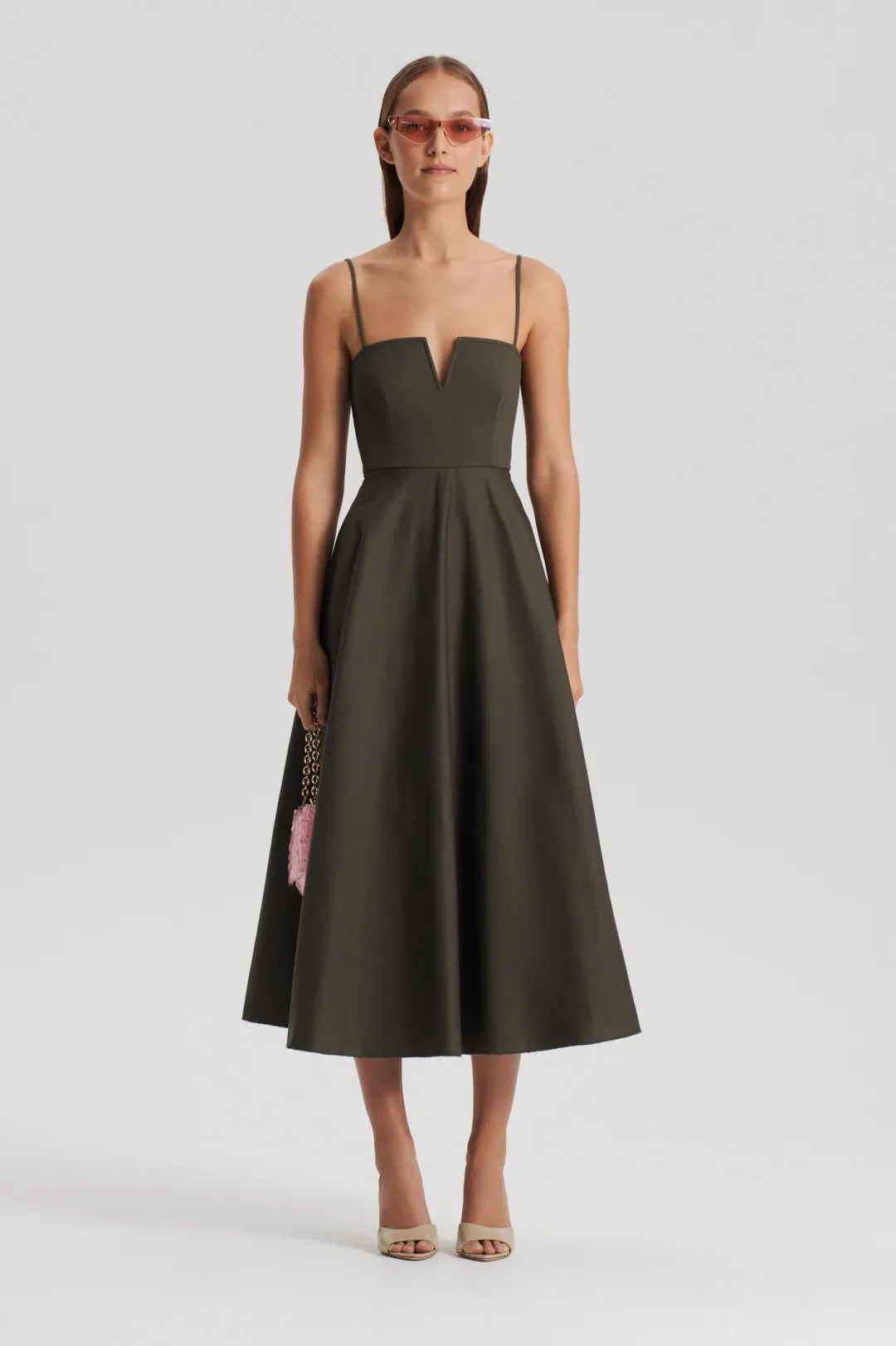 Scanlan Theodore Sateen Resin Trim Dress Khaki Size 10 for rent on The Volte - main image