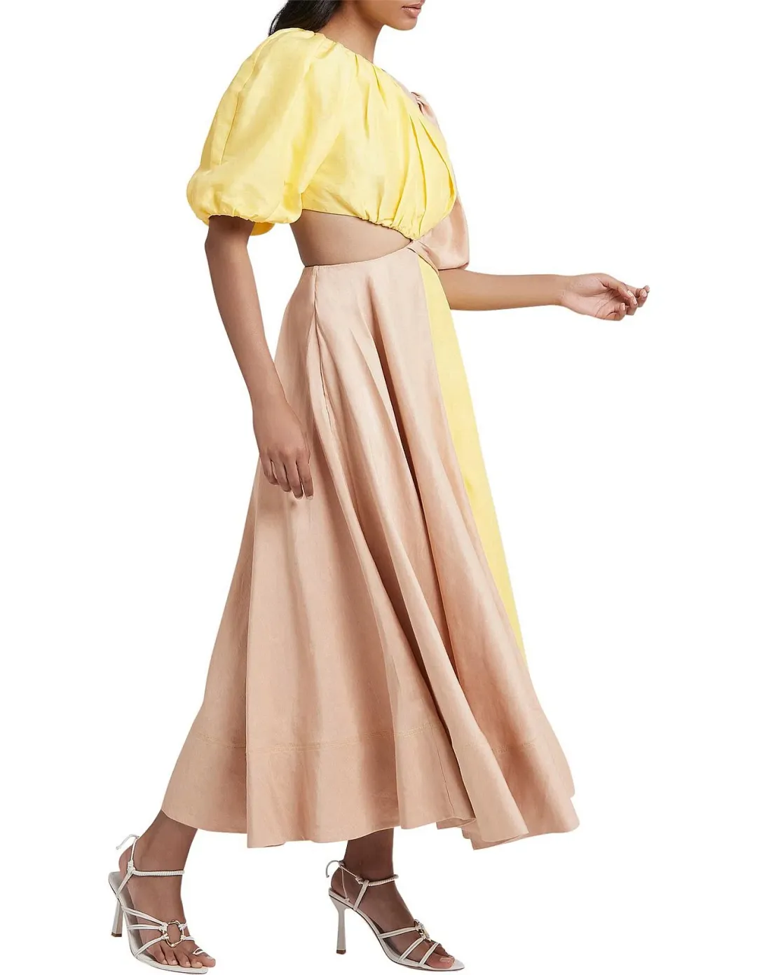 Aje Caliente Two Tone Puff Sleeve Midi Dress Daisy Yellow/Coast Beige Size 8  for rent on The Volte - main image