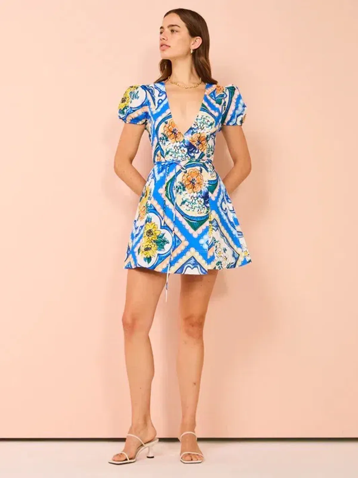By Nicola - Havana Wrap Mini Dress In Azure Floral - Size 8 (Fits 6-8 best) for rent on The Volte - main image