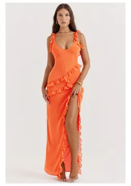 House of CB Pixie Ruffle Maxi Dress in Flame Orange Size XS / AU 6 for rent on The Volte - image 1
