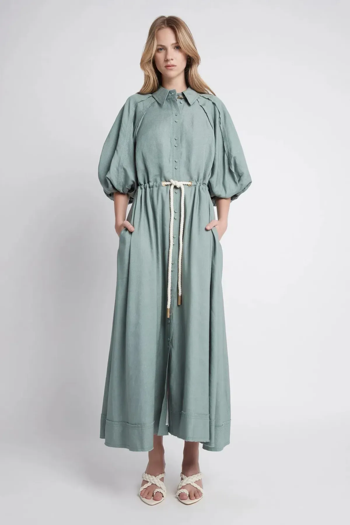 Aje Bonjour Belted Shirt Midi Dress Green Size 16 for rent on The Volte - main image