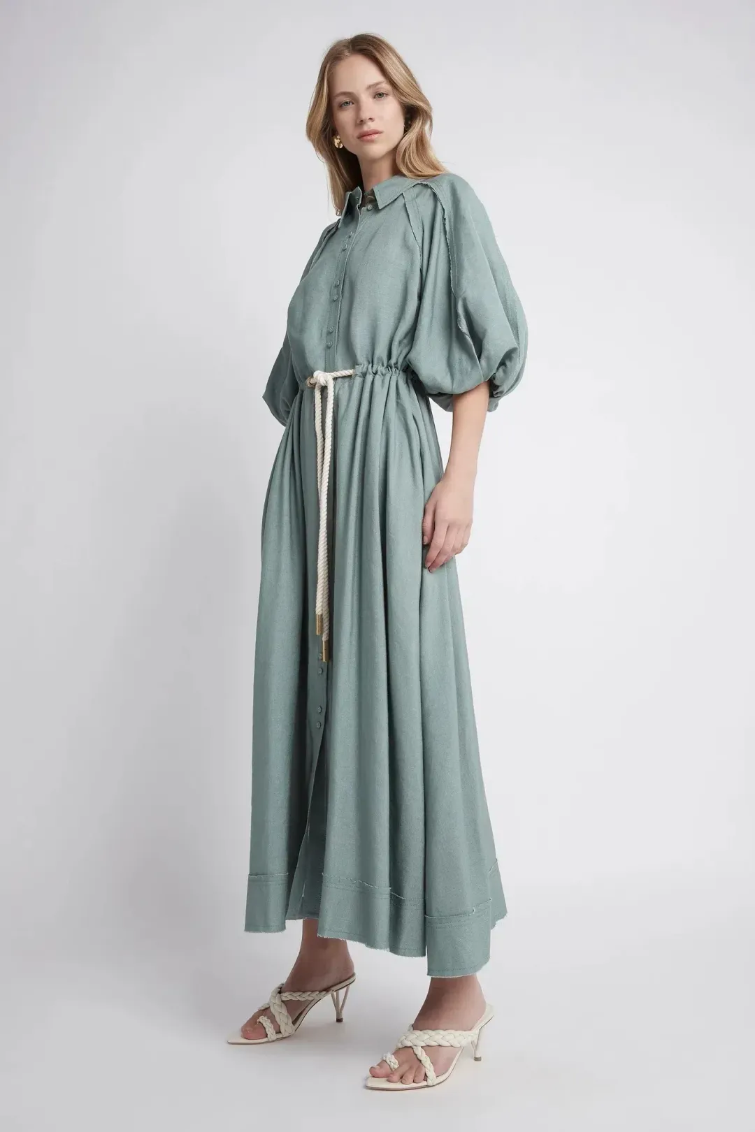 Aje Bonjour Belted Shirt Midi Dress Green Size 16 for rent on The Volte - main image