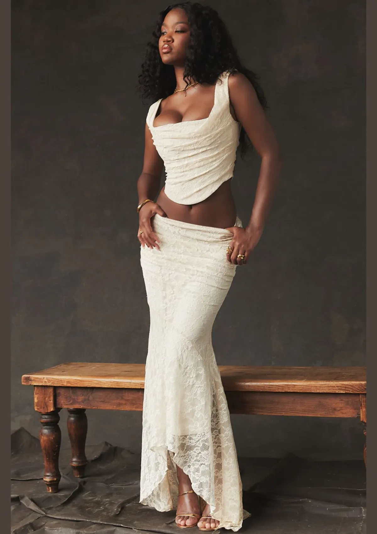House Of CB Una Lace Corset & Therese Lace Maxi Skirt Set Vintage Cream Size 6 for rent on The Volte - main image
