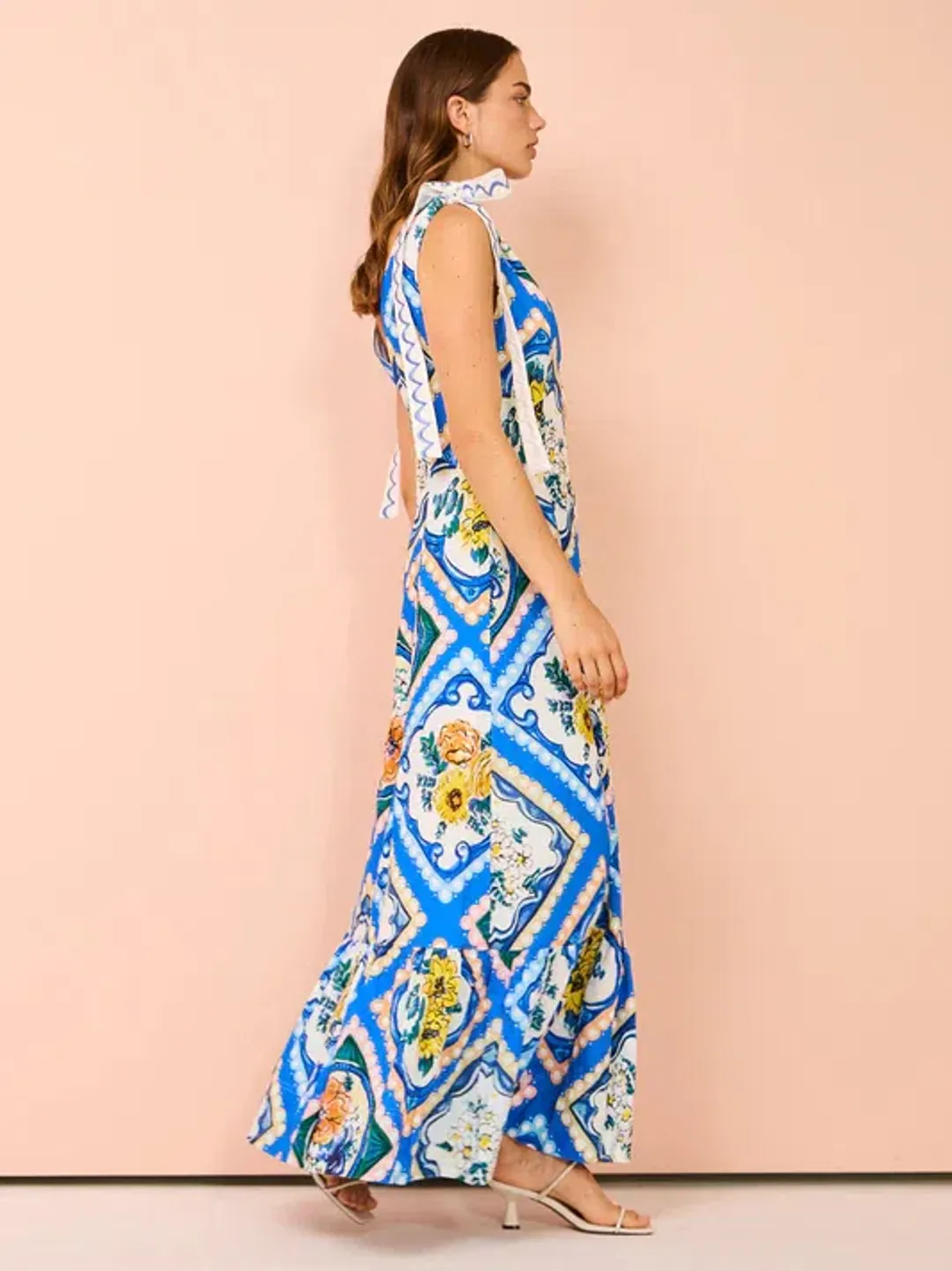 By Nicola Andoncia Tie Shoulder Maxi Dress Azure Blue Floral Size 8 for rent on The Volte - main image