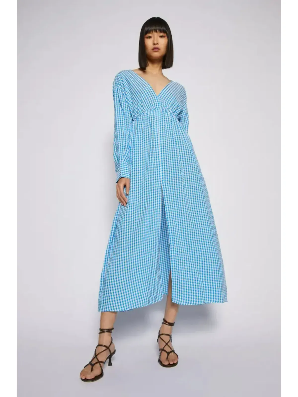 Scanlan Theodore Gingham V Neck Dress Aqua Blue Size AU 10 for rent on The Volte - main image