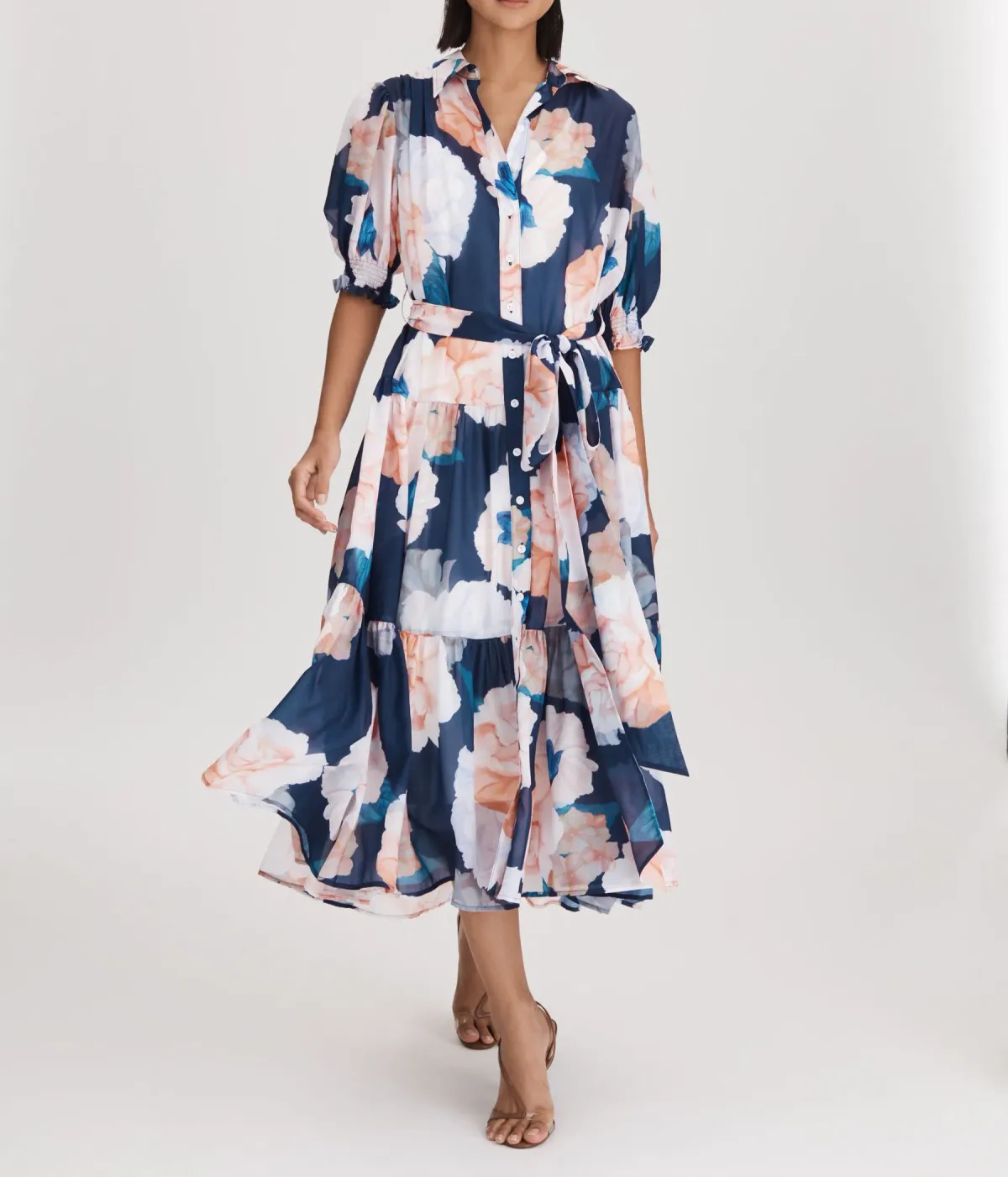 Leo Lin Ellie Bishop Sleeve Midi Dress Rosebud Print in Navy Size AU 16 for rent on The Volte - main image