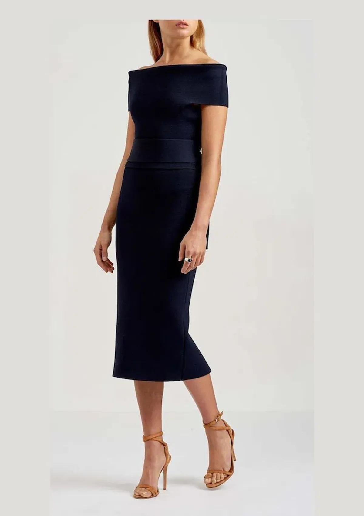 Scanlan Theodore Off Shoulder Midi Dress Navy Size 8 for rent on The Volte - main image