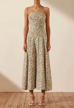 Shona Joy Ulani Strapless Pleated Midi Dress Multi Floral Size 10 for rent on The Volte - image 1