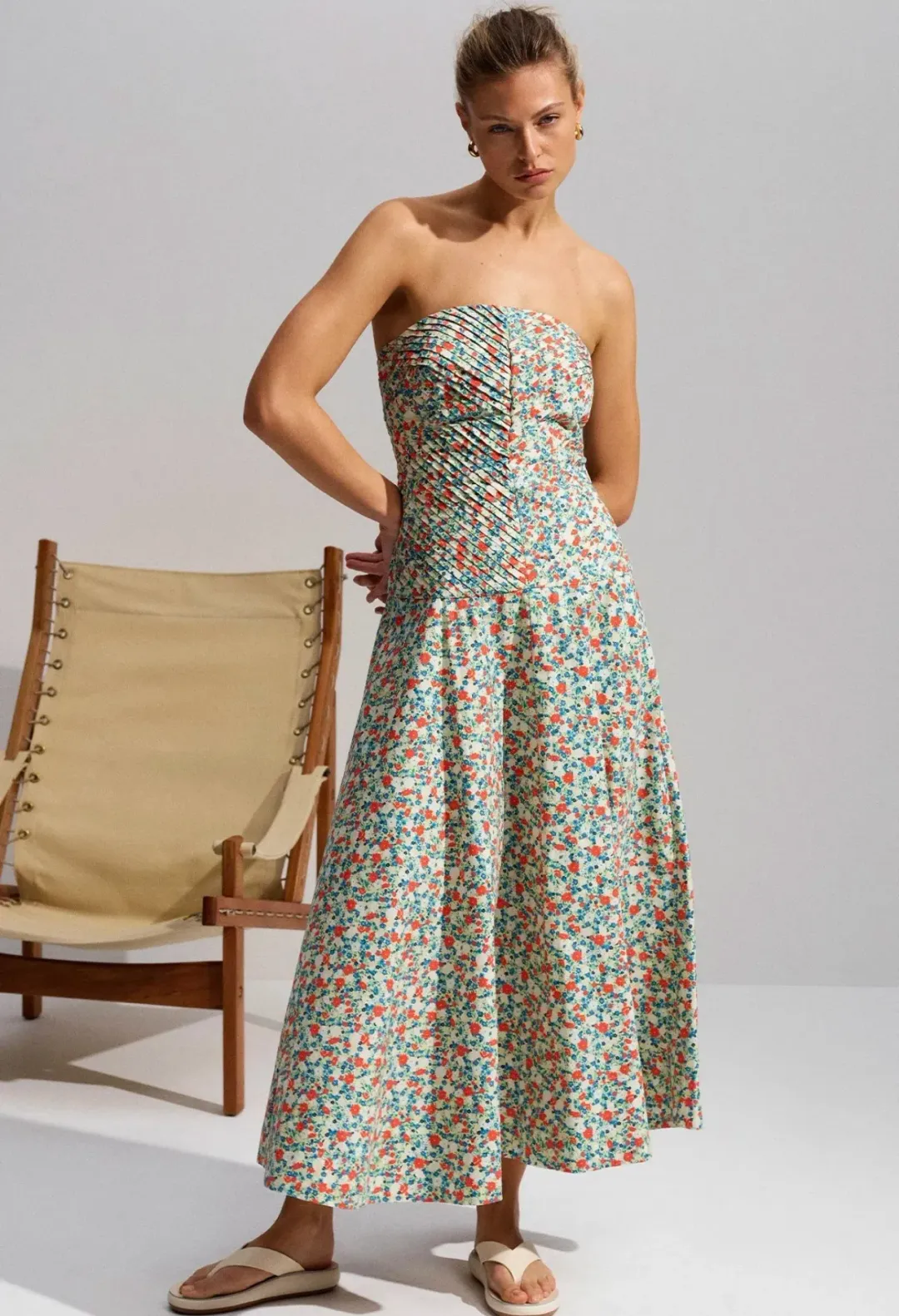 Shona Joy Ulani Strapless Pleated Midi Dress Multi Floral Size 10 for rent on The Volte - main image