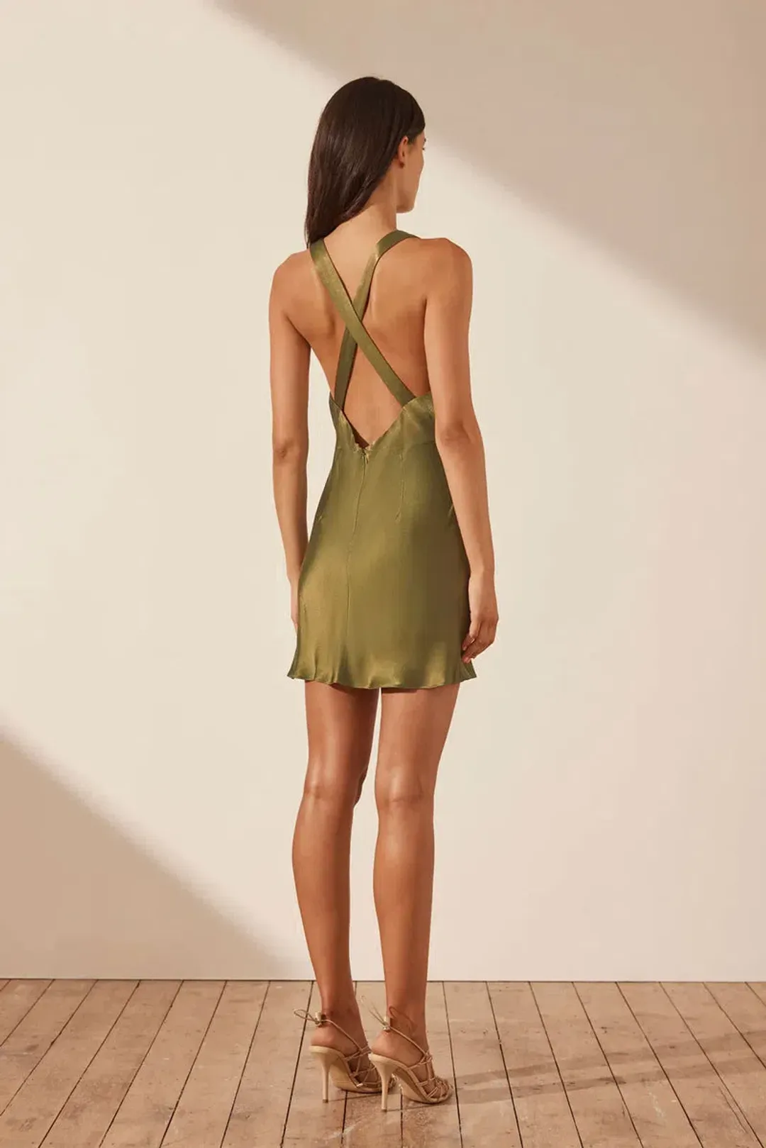 Shona Joy Arienzo Plunged Cross Back Mini Dress Olive Green Size 8 for rent on The Volte - main image