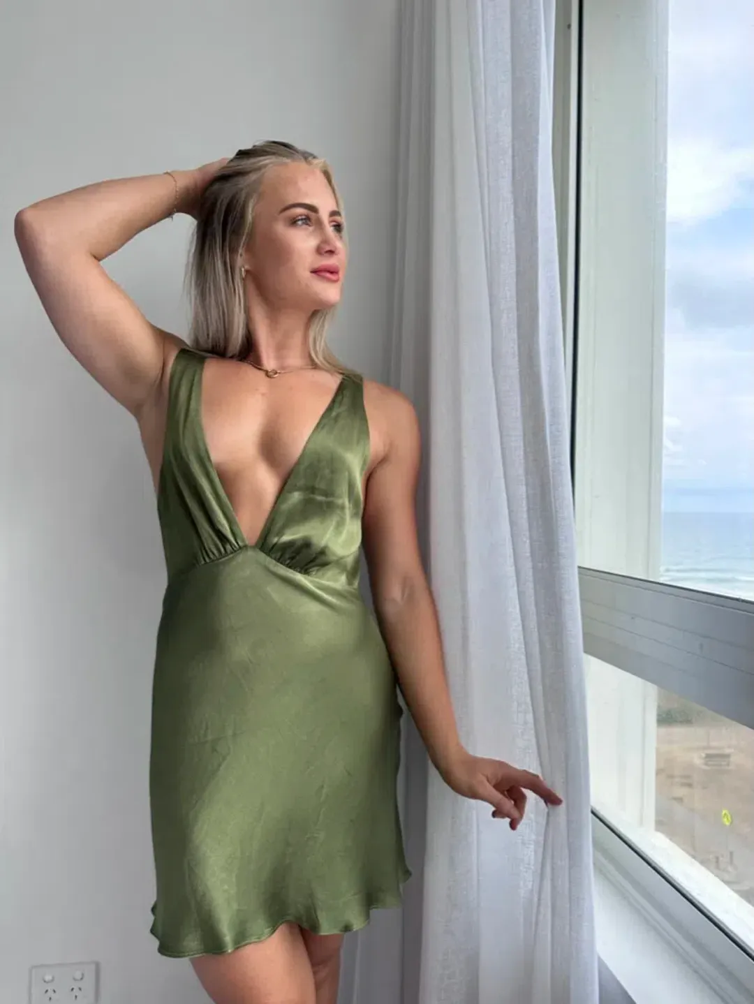 Shona Joy Arienzo Plunged Cross Back Mini Dress Olive Green Size 8 for rent on The Volte - main image