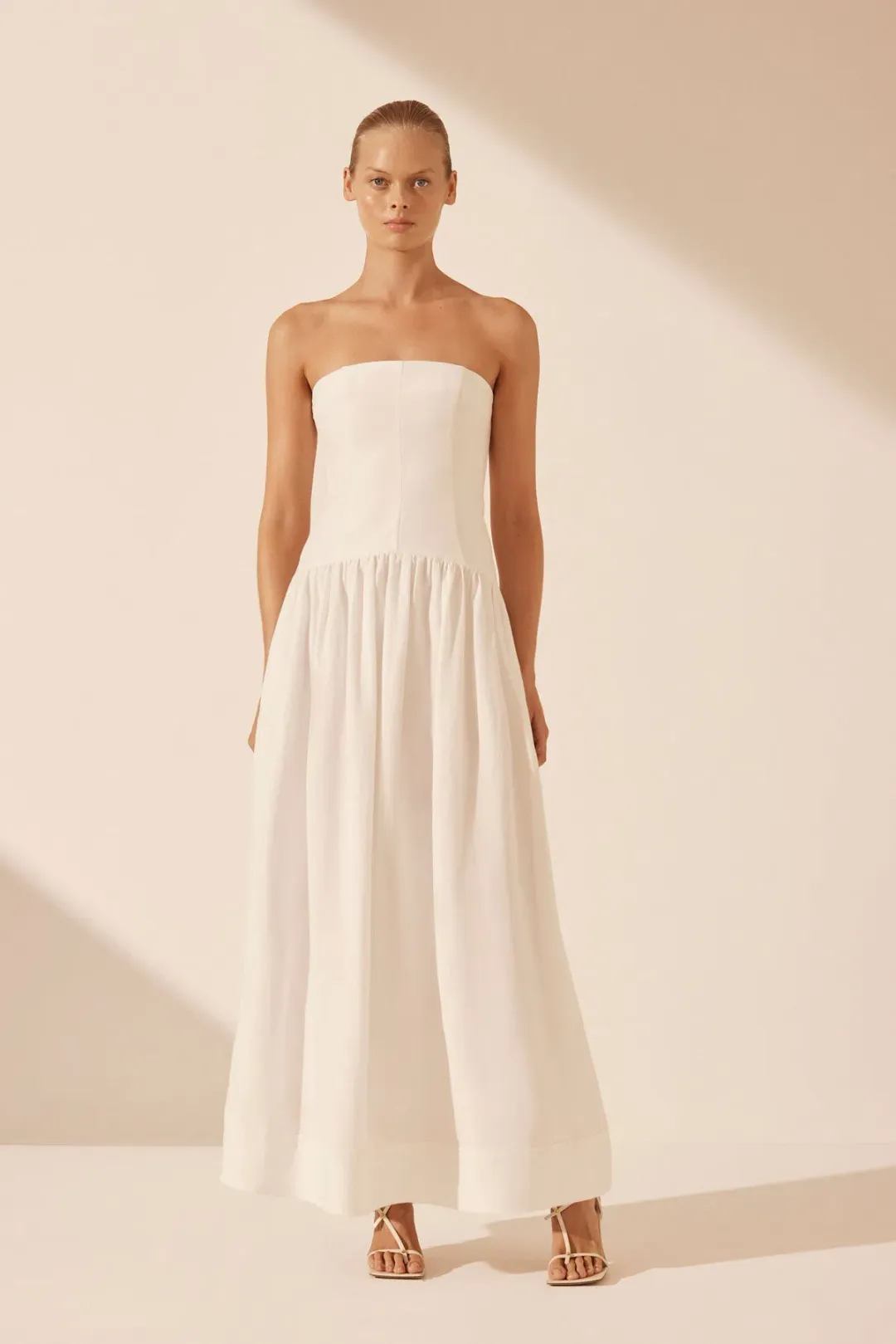 Shona Joy Blanc Linen Strapless Panelled Drop Waist Maxi Dress Ivory Size XS / AU 6 for rent on The Volte - main image