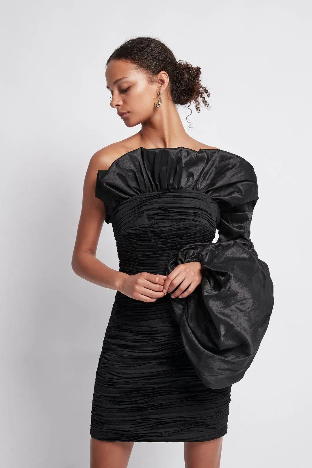 Aje Allegro Tucked Puff Dress Black Size 8  for rent on The Volte - main image