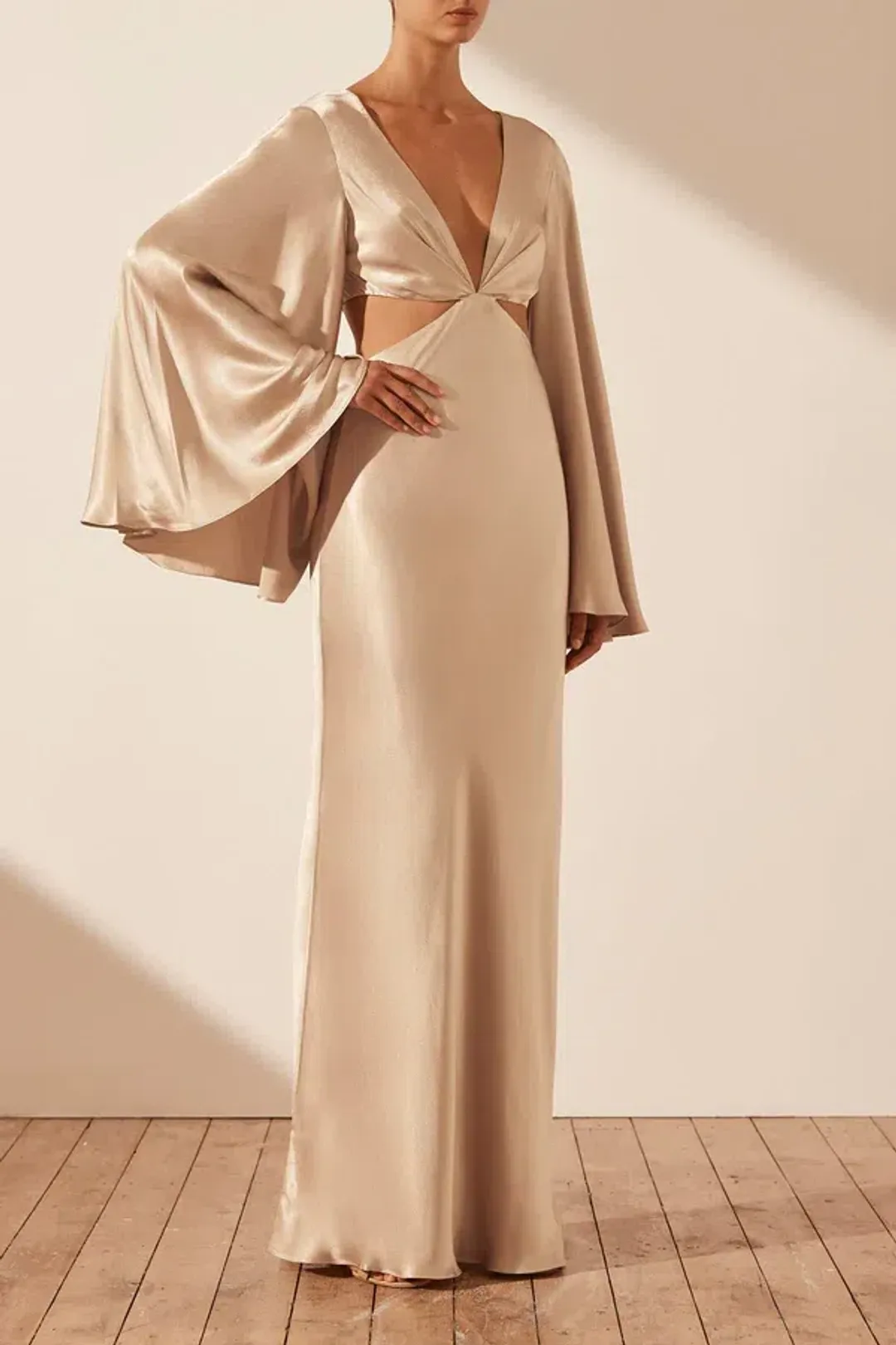 Shona Joy La Lune Flared Sleeve Open Back Maxi Dress Gold Size 6 for rent on The Volte - main image