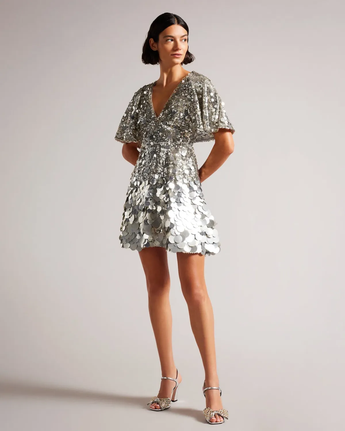 Ted Baker Silver Estelli Embellished Cape Woven Mini Dress Sequin Size 8 for rent on The Volte - main image