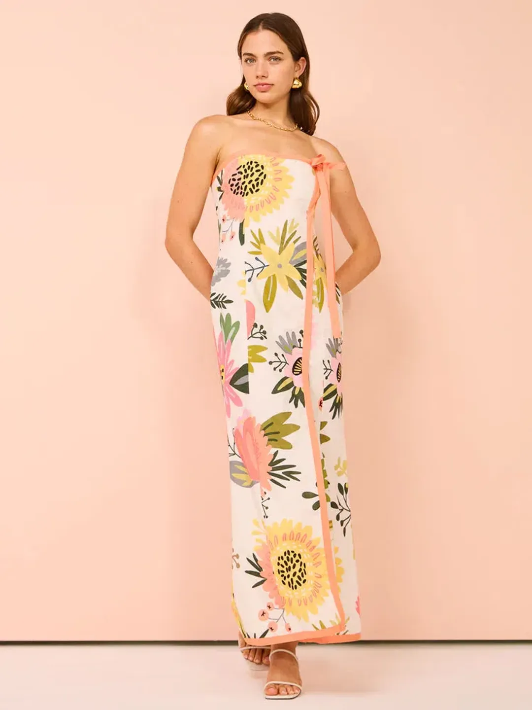 By Nicola Claudia Strapless Wrap Maxi Dress Potpourri/Melon Size 8 for rent on The Volte - main image