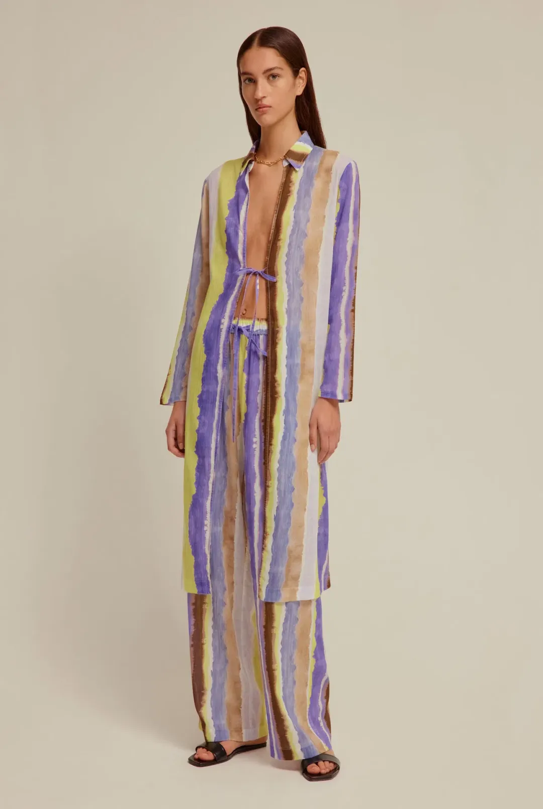 Venroy Crinkle Cotton Tie Front Shirt and Wide Leg Pants Set Purple Dye Stripe Size M / AU 10 for rent on The Volte - main image