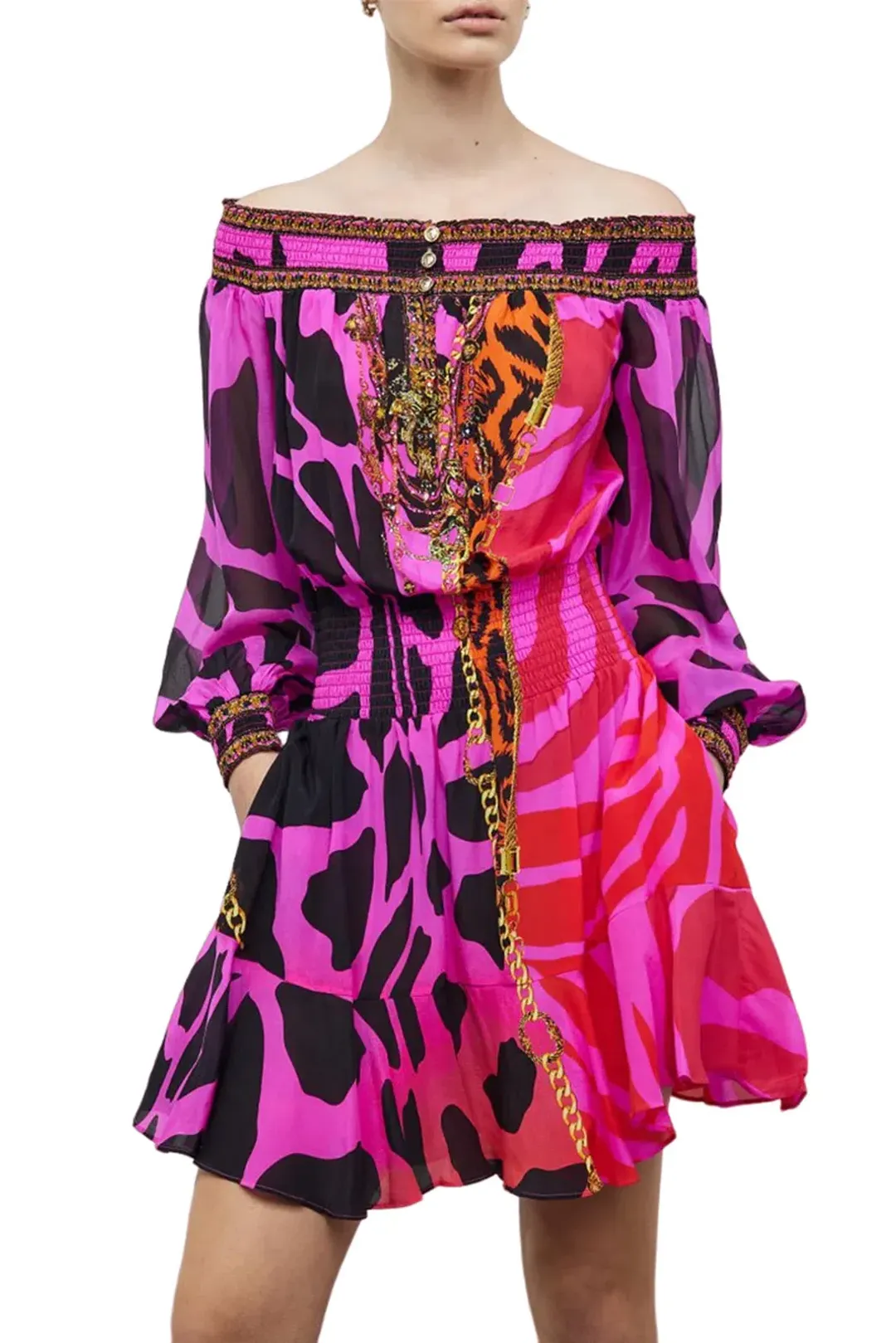 Camilla Off Shoulder Silk Short Dress Always Change Your Spots Print Size S / AU 10 for rent on The Volte - main image