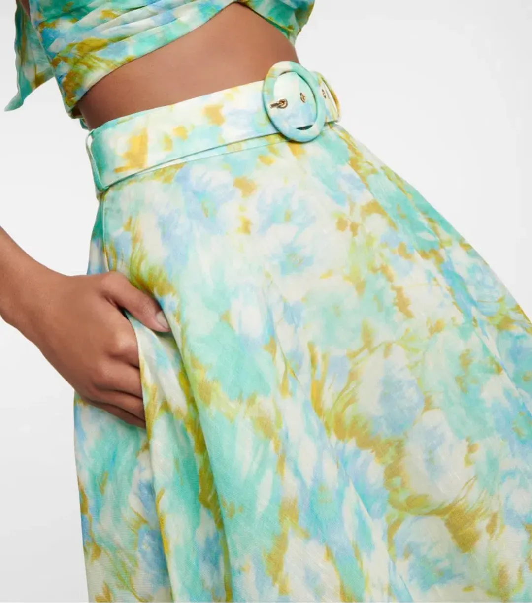 Zimmermann High Tide Twist Crop Bodice Size 3 / AU 14 & Maxi Skirt Size 2 / AU 12 Set in Aqua Ikat Floral for rent on The Volte - main image