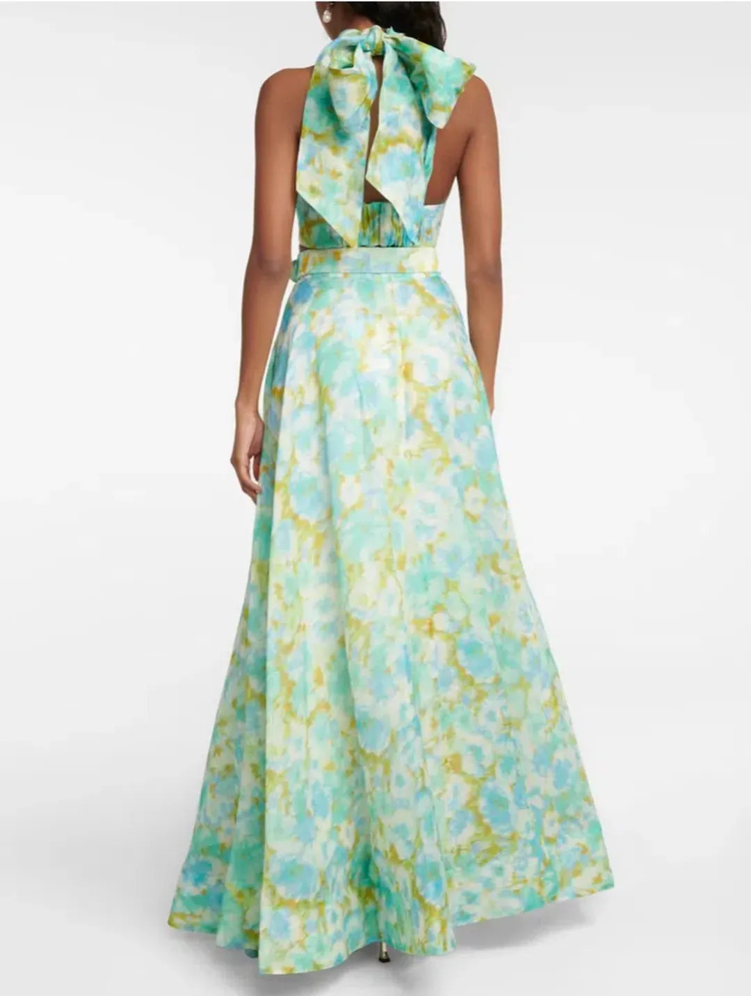 Zimmermann High Tide Twist Crop Bodice Size 3 / AU 14 & Maxi Skirt Size 2 / AU 12 Set in Aqua Ikat Floral for rent on The Volte - main image