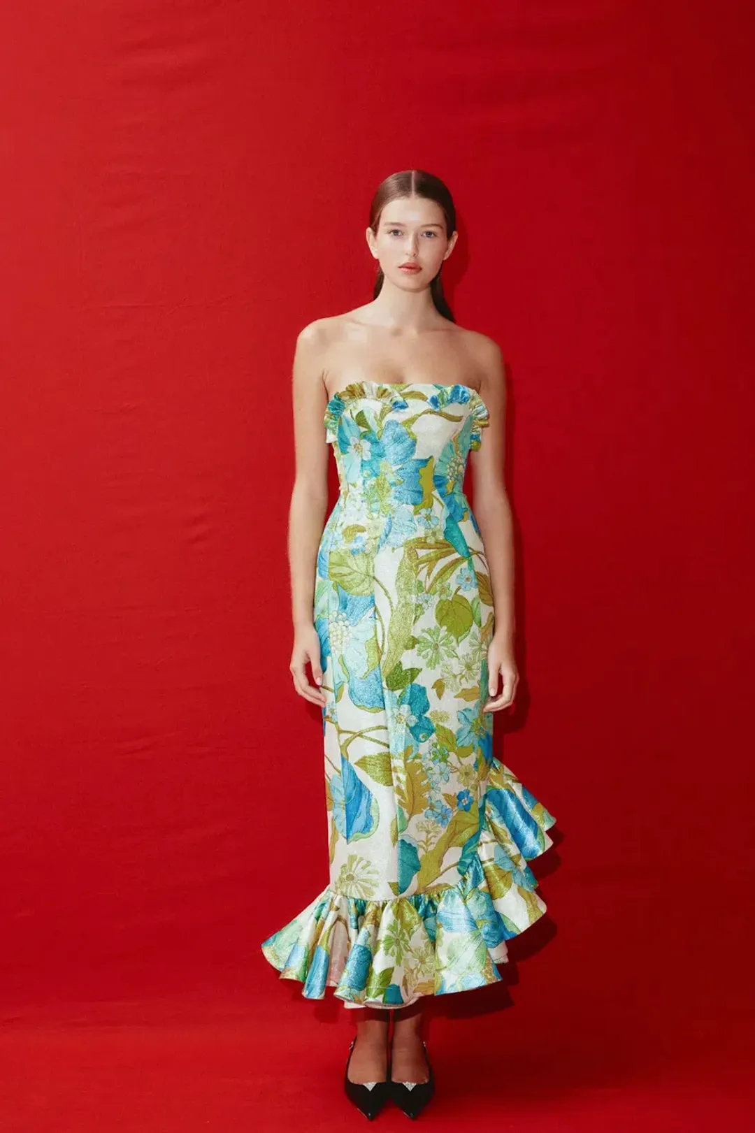 Alemais Janis Strapless Midi Dress Floral Print Size 10 for rent on The Volte - main image
