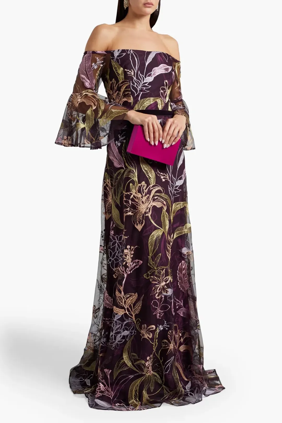 Marchesa Notte Embroidered Burgundy Gown Floral Size 8 for rent on The Volte - main image