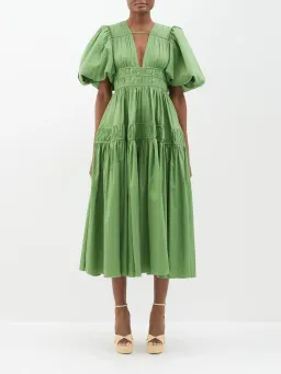 Aje Fallingwater Pintuck Pleated Cotton Midi Dress Green Size 8 for rent on The Volte - image 1