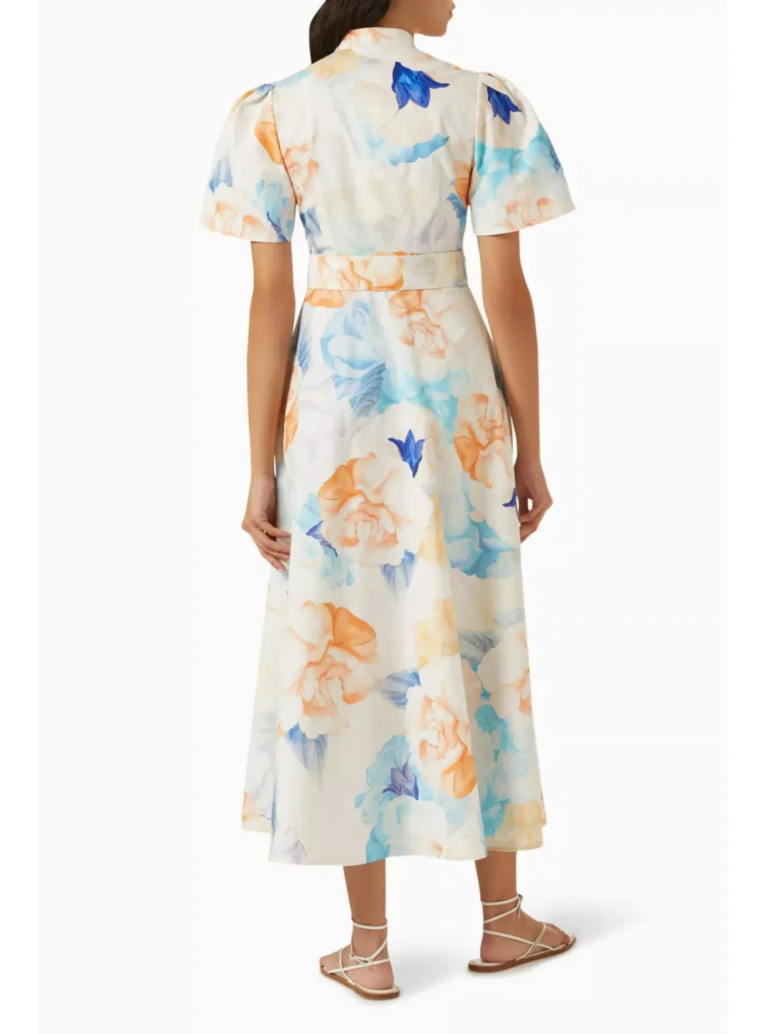 Leo Lin Bianca Short Sleeve Midi Dress Rosebud Floral Print in Cream Size AU 12 for rent on The Volte - main image