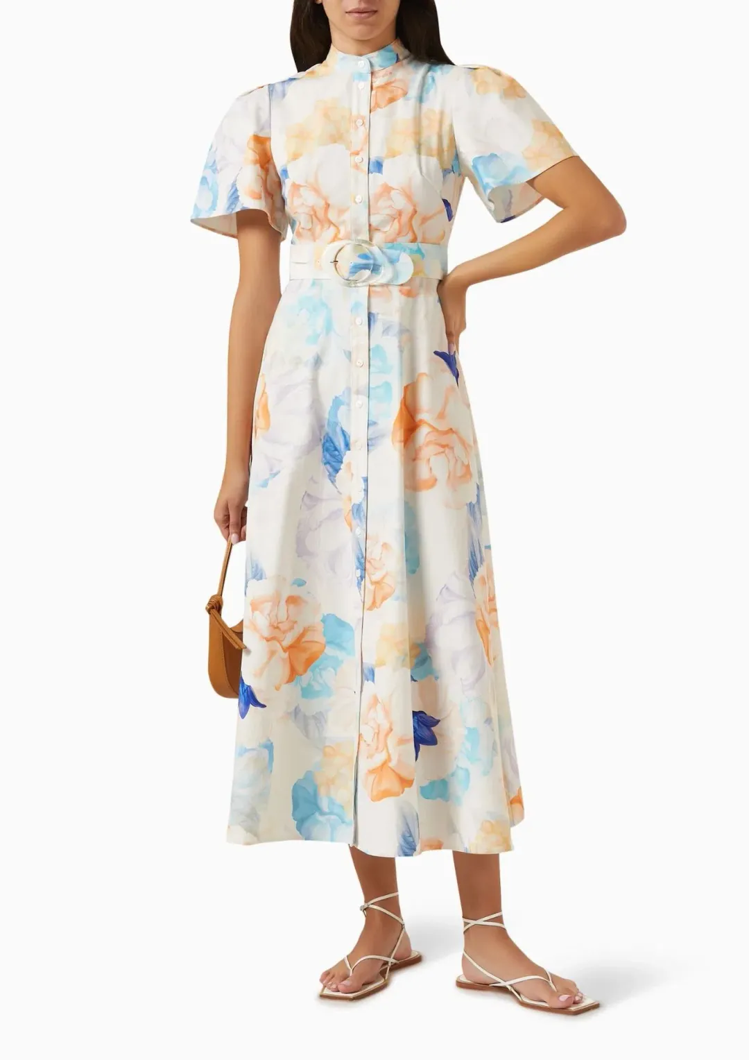 Leo Lin Bianca Short Sleeve Midi Dress in Rosebud Floral Print in Cream Size 14 for rent on The Volte - main image