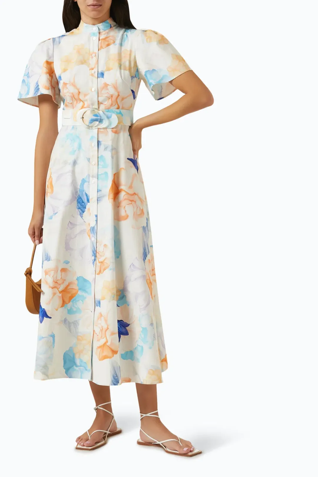 Leo Lin Bianca Short Sleeve Midi Dress Rosebud Floral Print in Cream Size 16 for rent on The Volte - main image