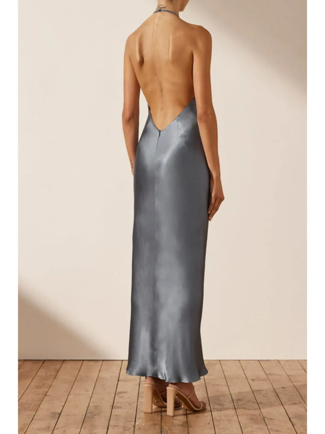 Shona Joy La Lune Low Back Halter Neck Midi Dress Blue Smoke Size AU 14 for rent on The Volte - main image