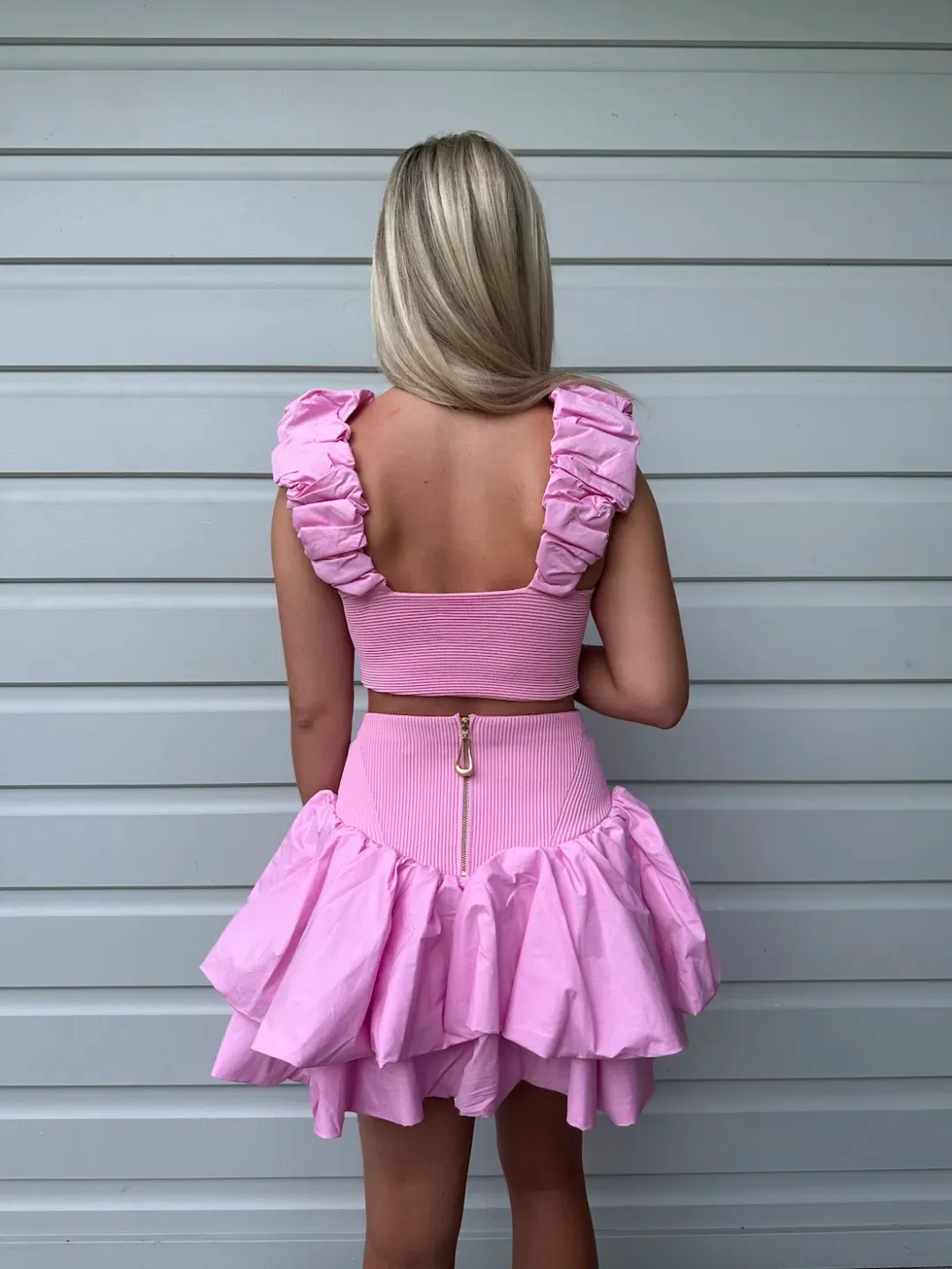 Aje Allard Ruched Strap Knit Top & Turner Bubble Skirt Set in Pink - Size 8 for rent on The Volte - main image