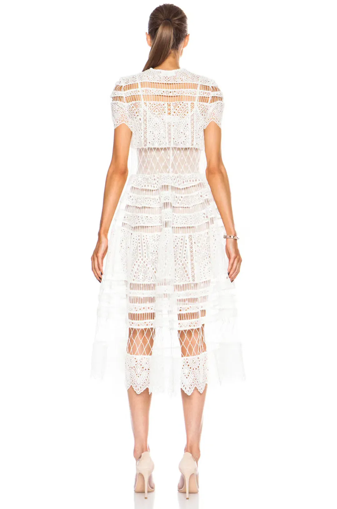 Zimmermann Riot Eyelet Bell Nylon Blend Midi Dress White Size 0 / AU 8 for rent on The Volte - main image