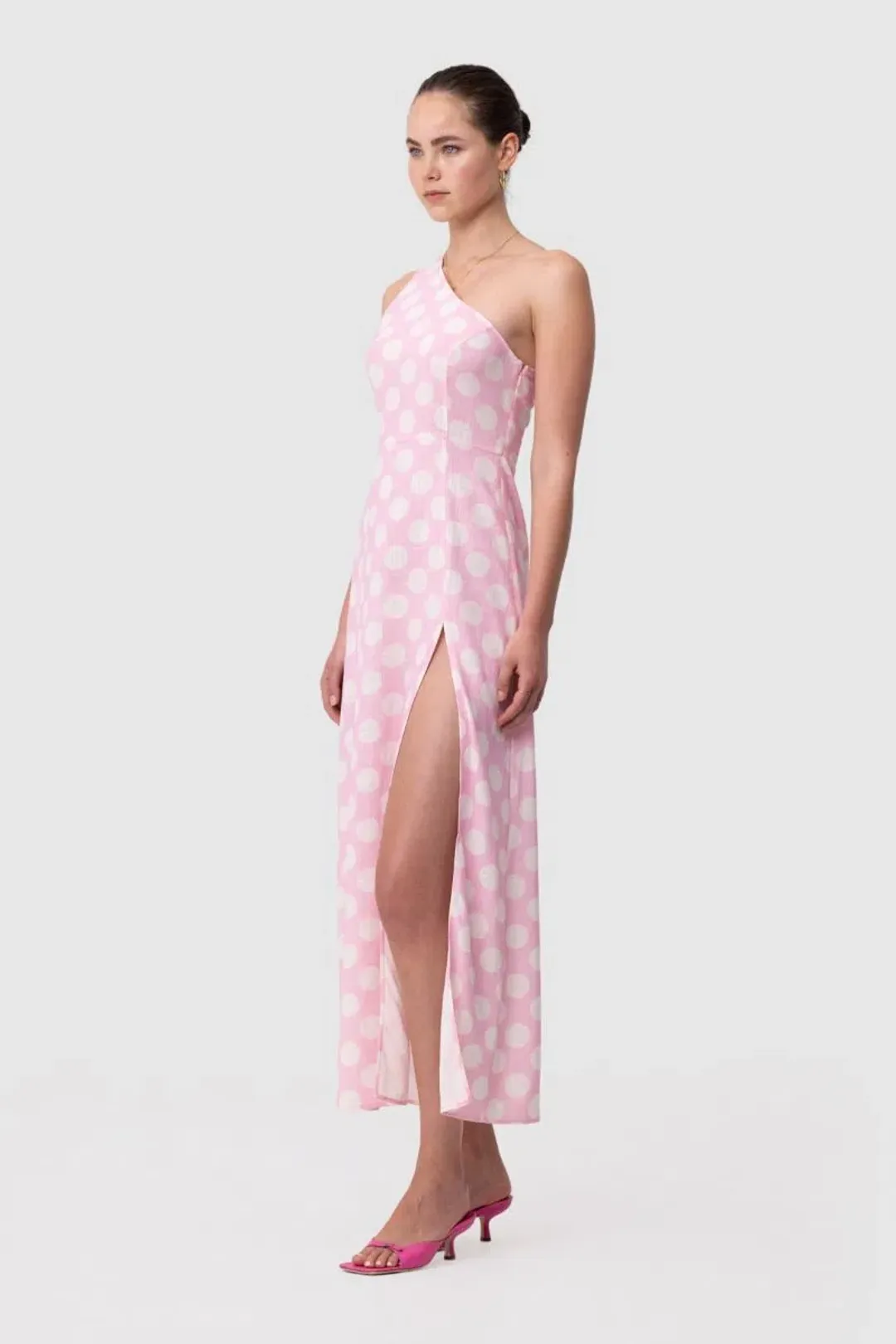 The Wolf Gang Ischia One Shoulder Maxi Dress Pink Spot Size 12 for rent on The Volte - main image