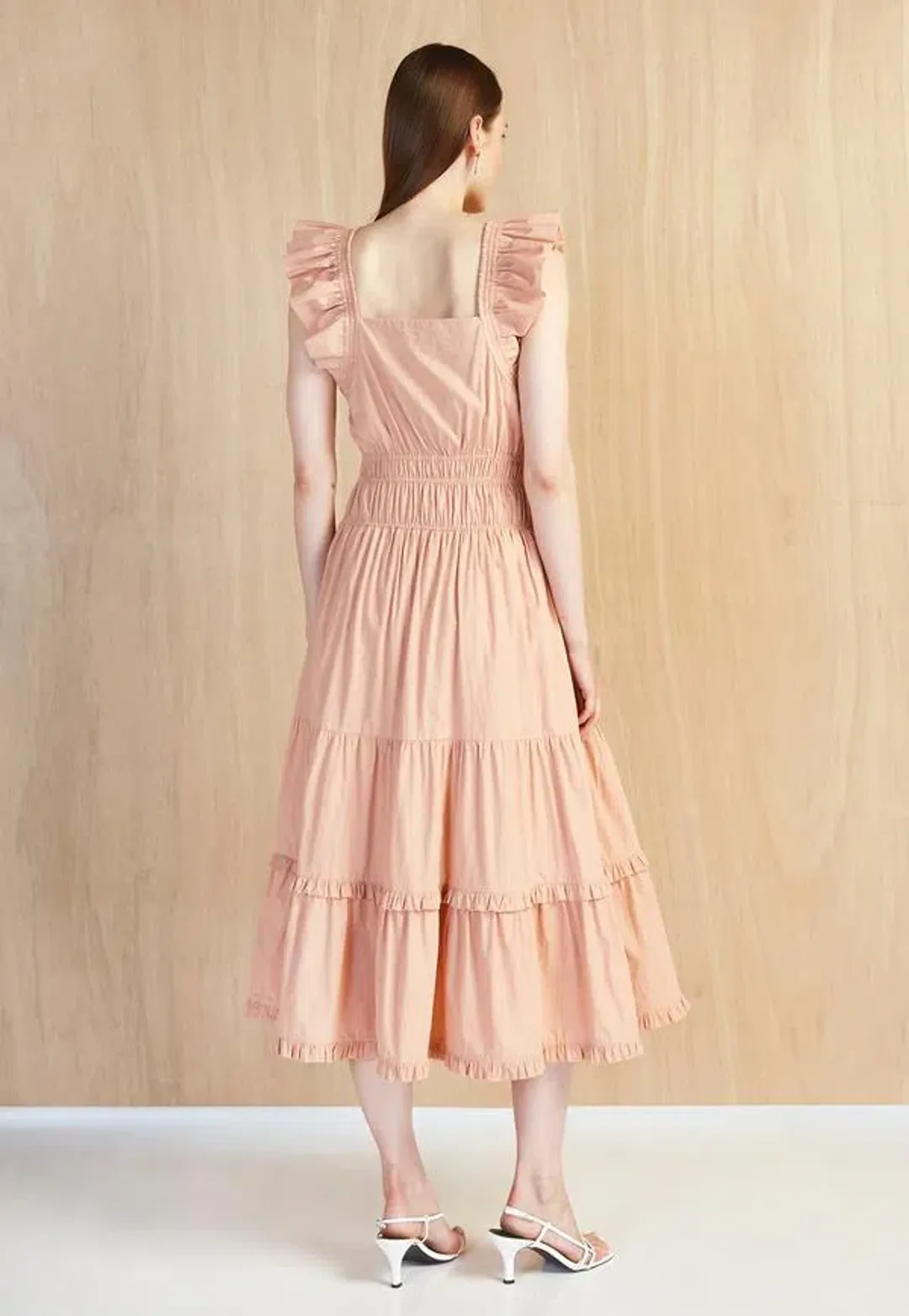 Magali Pascal Jeanette Midi Dress in Peach Size 8 for rent on The Volte - main image