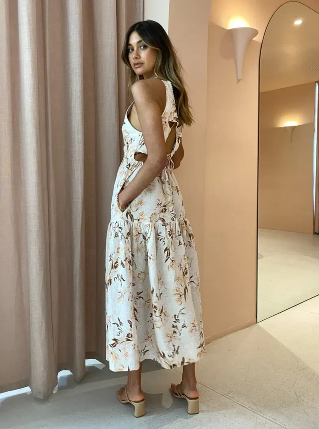 Shona Joy Roxanne Linen Open Back Tiered Midi Dress Floral Size AU 10 for rent on The Volte - main image