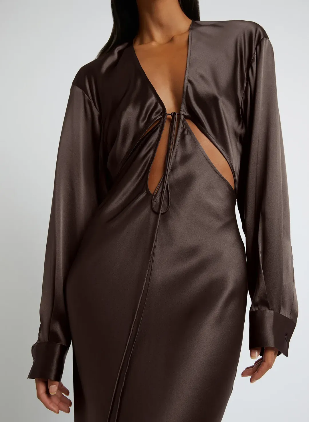 Christopher Esber Triquetra Front Tie Shirt Dress in Cocoa Size AU 8 for rent on The Volte - main image